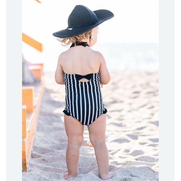 Rufflebutts Toddler Girl Black White Stripe Swimsuit Bows Size 4t - Picture 2 of 8